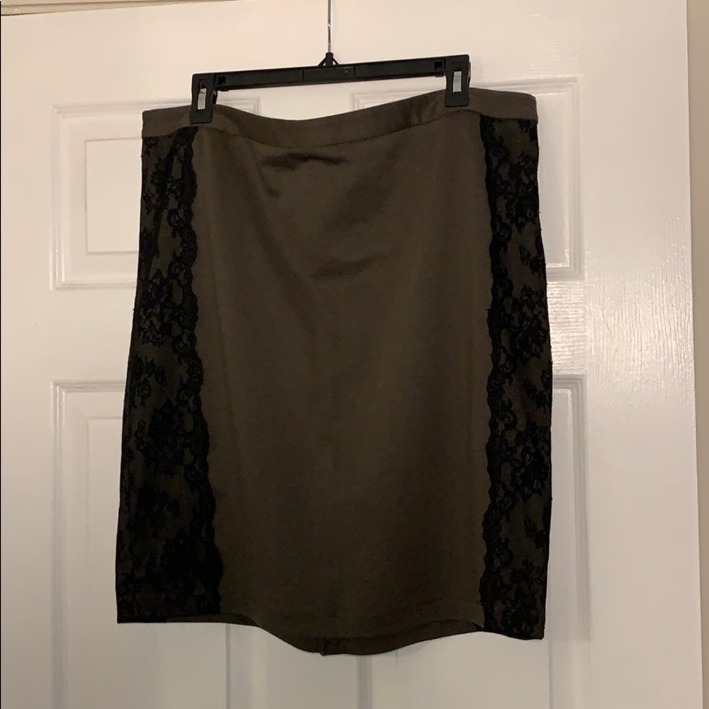 Olive green pencil skirt with black lace detail